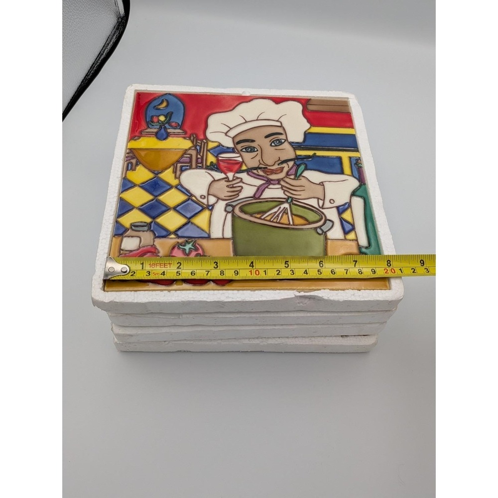 Vintage Italian Tile Chef 8 x 8 Ceramic Wall Tiles / Trivets w/Stand Set of 4 - Picture 12 of 12